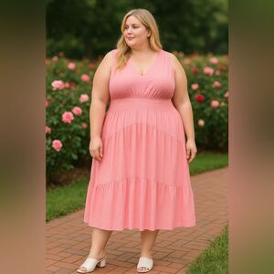 Crinkled Gauze Rosetta Midi Dress – Fits Size 2X (20), Smocked Waist, Lined